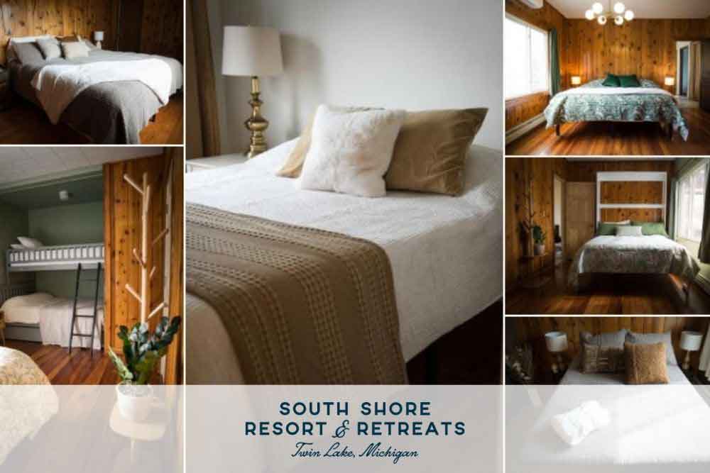 Experience-a-READtreat-at-South-Shore-5 Cozy bedrooms with wooden walls and modern furnishings at South Shore Resort and Retreats, a perfect lakefront retreat for a peaceful getaway in West Michigan, showcasing comfort and scenic lodging ideal for families and groups.| South Shore Resort & Retreats in West Michigan